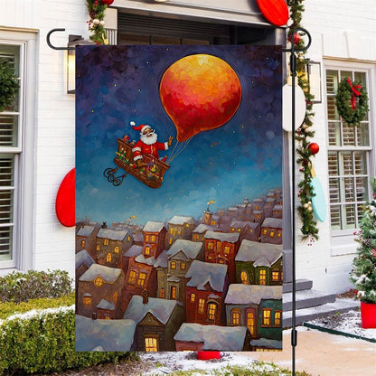 Santa's Magical Balloon Ride Over Winter Town Flag, Christmas Garden Flag, Home Decor Accessories, Christmas Outdoor Decor Ideas