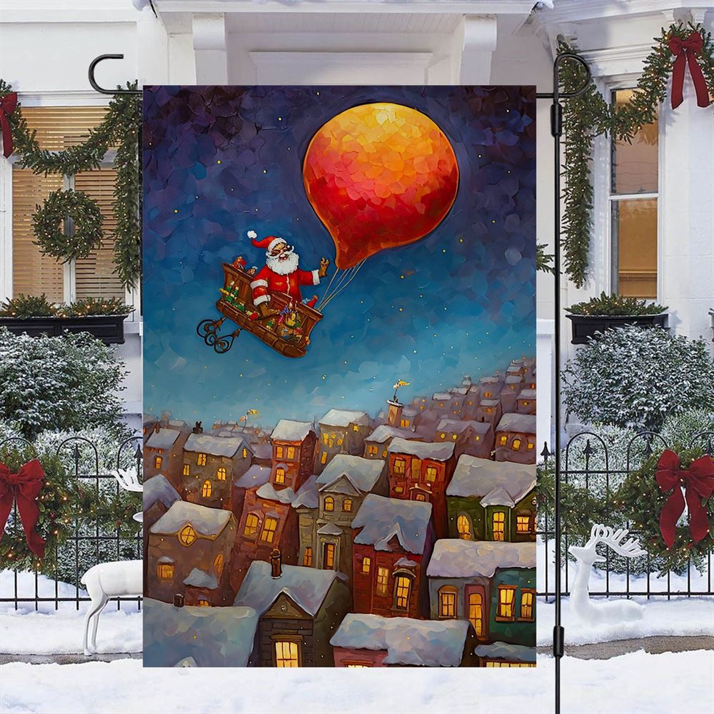 Santa's Magical Balloon Ride Over Winter Town Flag, Christmas Garden Flag, Home Decor Accessories, Christmas Outdoor Decor Ideas