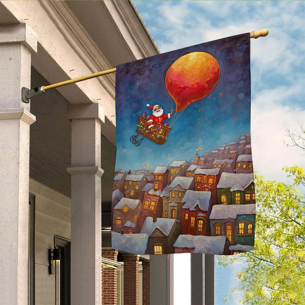 Santa's Magical Balloon Ride Over Winter Town Flag, Christmas Garden Flag, Home Decor Accessories, Christmas Outdoor Decor Ideas