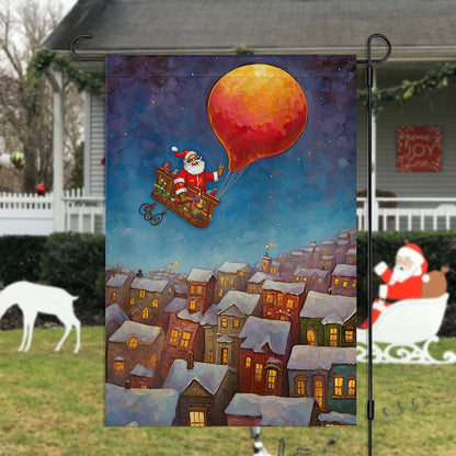 Santa's Magical Balloon Ride Over Winter Town Flag, Christmas Garden Flag, Home Decor Accessories, Christmas Outdoor Decor Ideas