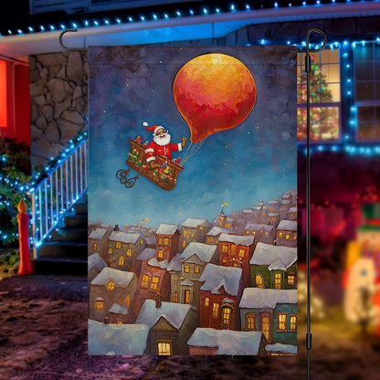 Santa's Magical Balloon Ride Over Winter Town Flag, Christmas Garden Flag, Home Decor Accessories, Christmas Outdoor Decor Ideas