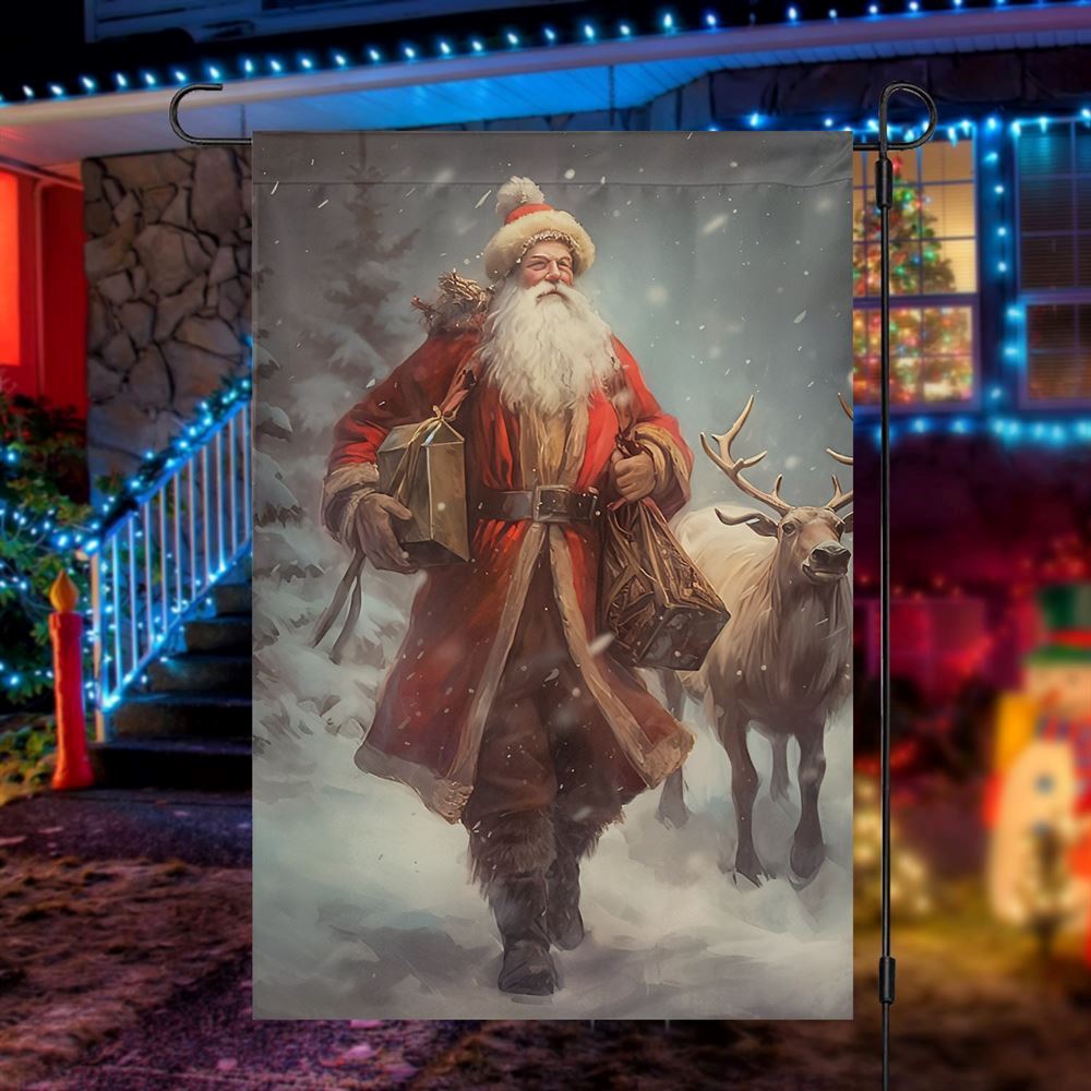 Santa's Wintry Walk With The Majestic Reindeer Flag, Christmas Garden Flag, Home Decor Accessories, Christmas Outdoor Decor Ideas