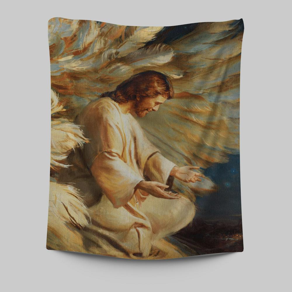 Saving Jesus Wings Feathers Tapestry Prints - Jesus Christ Tapestry Art - Christian Wall Decor