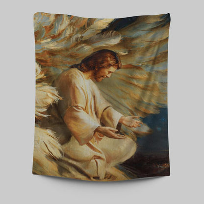 Saving Jesus Wings Feathers Tapestry Prints - Jesus Christ Tapestry Art - Christian Wall Decor