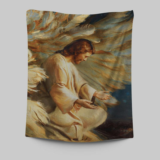 Saving Jesus Wings Feathers Tapestry Prints - Jesus Christ Tapestry Art - Christian Wall Decor