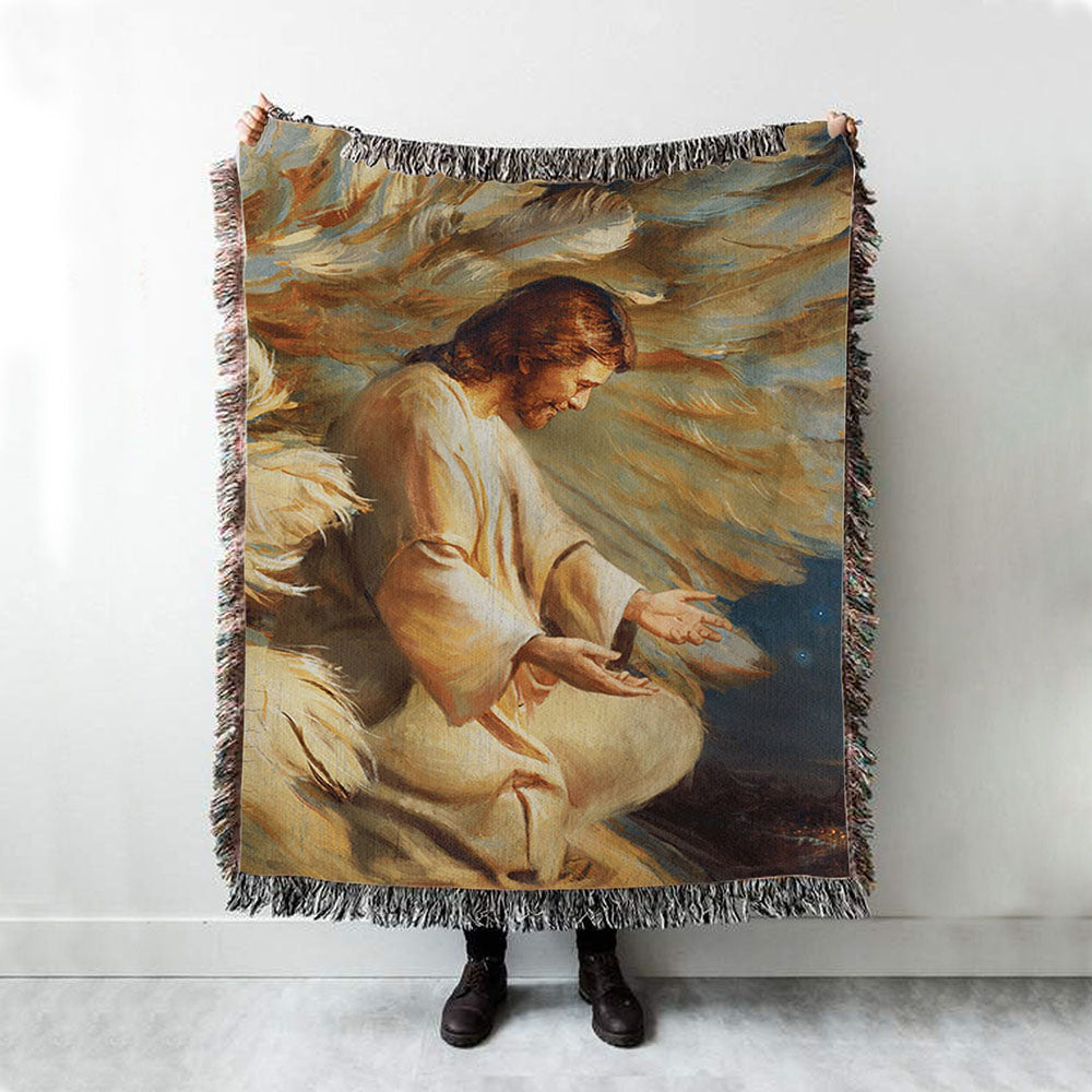 Saving Jesus Wings Feathers Woven Blanket Prints - Jesus Christ Woven Blanket Art - Christian Boho Blanket