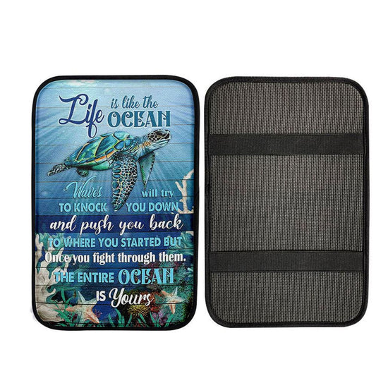 Sea Turtle Life Is Like The Ocean Car Center Console Cover, Christian Gift Car Armrest Pad