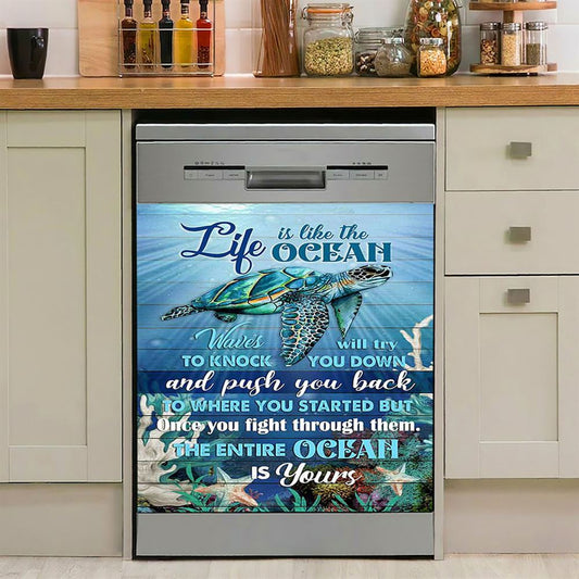 Sea Turtle Life Is Like The Ocean Dishwasher Cover, Inspirational Dishwasher Wrap, Christian Kitchen Decoration