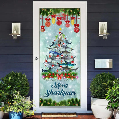 Shark Christmas Tree Door Cover,Merry Sharkmas Door Cover,Christmas Door Cover Tmarc Tee, Christmas Door Knob Covers, Christmas Outdoor Decoration