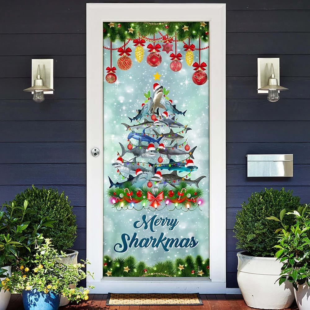 Shark Christmas Tree Door Cover, Merry Sharkmas Door Cover, Christmas Door Knob Covers, Christmas Outdoor Decoration
