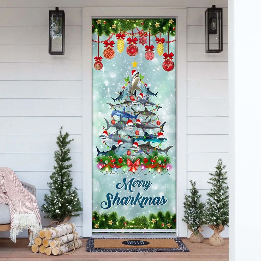 Shark Christmas Tree Door Cover, Merry Sharkmas Door Cover, Christmas Door Knob Covers, Christmas Outdoor Decoration