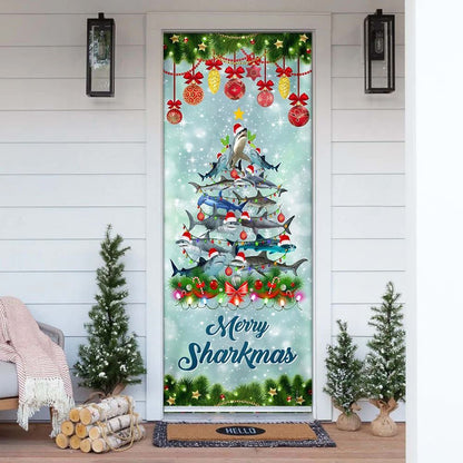 Shark Christmas Tree Door Cover, Merry Sharkmas Door Cover, Christmas Door Knob Covers, Christmas Outdoor Decoration