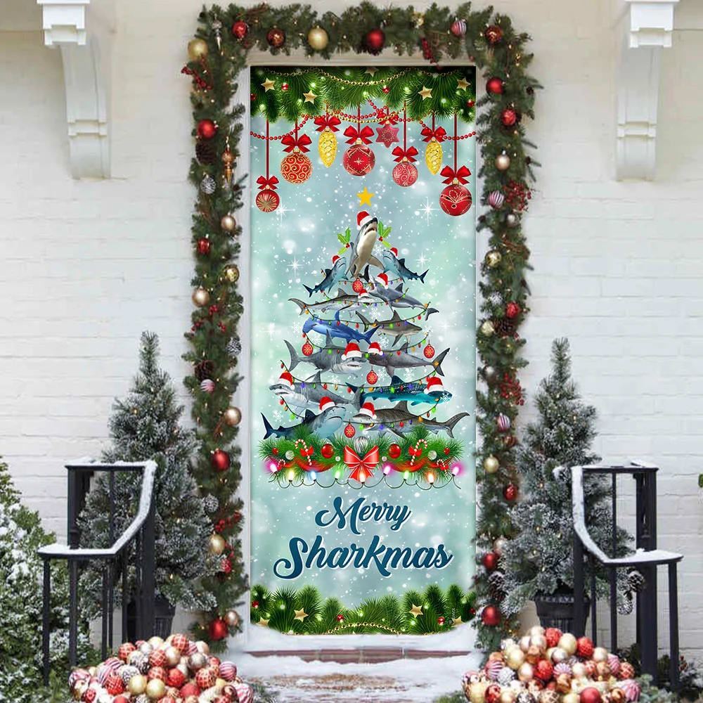Shark Christmas Tree Door Cover, Merry Sharkmas Door Cover, Christmas Door Knob Covers, Christmas Outdoor Decoration