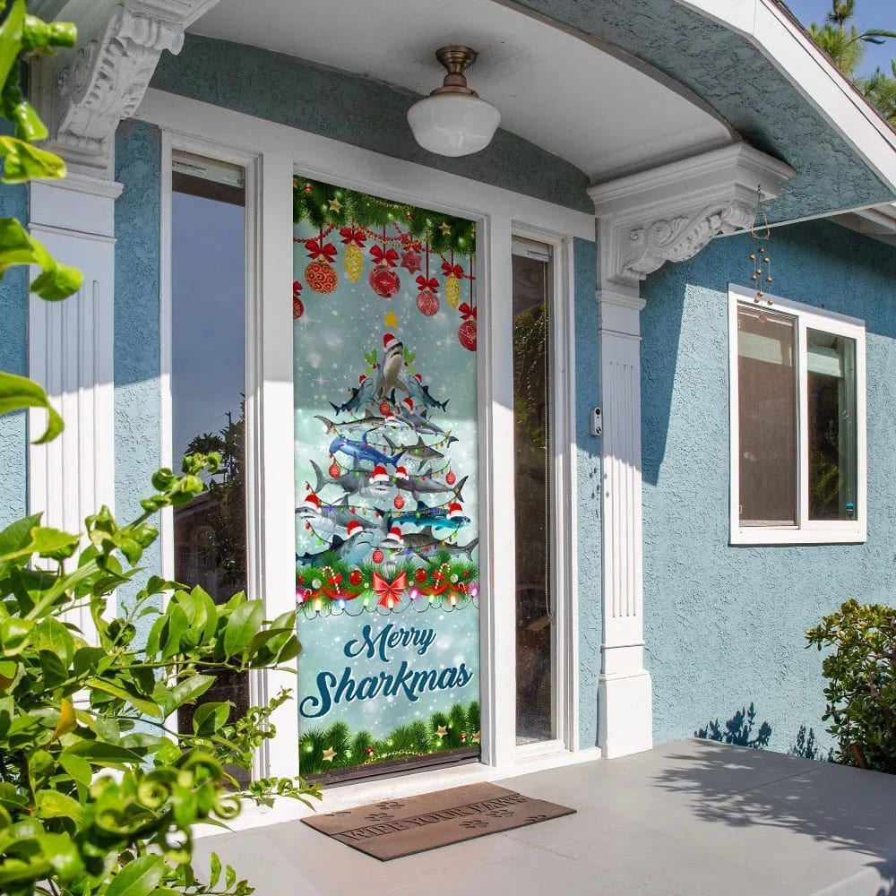 Shark Christmas Tree Door Cover, Merry Sharkmas Door Cover, Christmas Door Knob Covers, Christmas Outdoor Decoration