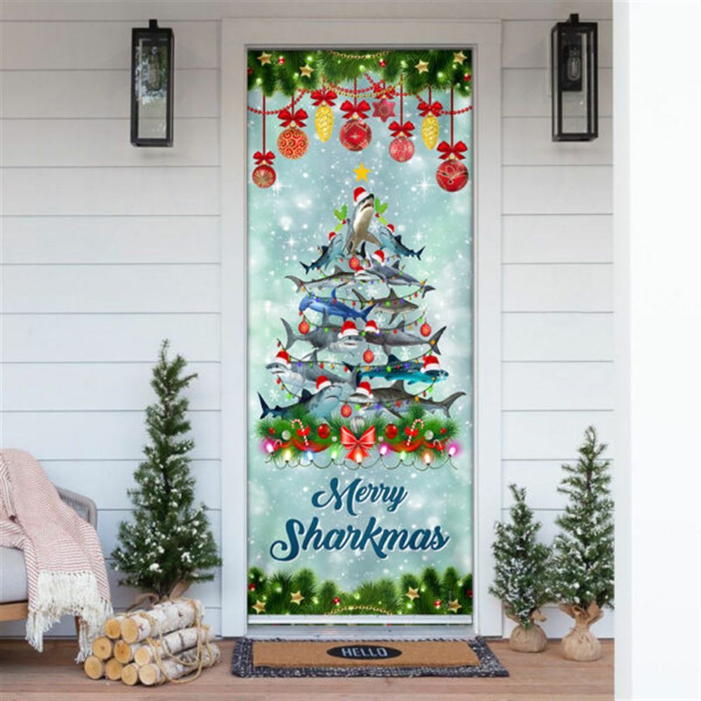 Shark Christmas Tree Door Cover, Merry Sharkmas Door Cover, Christmas Door Knob Covers, Christmas Outdoor Decoration