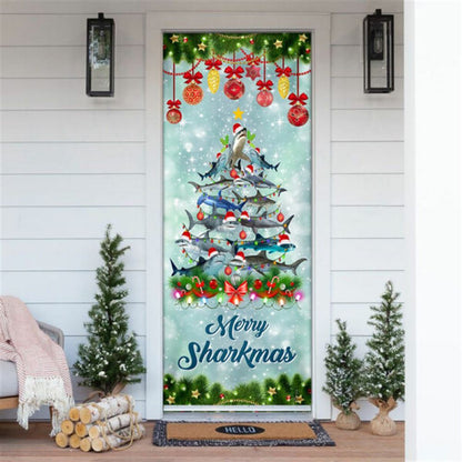 Shark Christmas Tree Door Cover, Merry Sharkmas Door Cover, Christmas Door Knob Covers, Christmas Outdoor Decoration