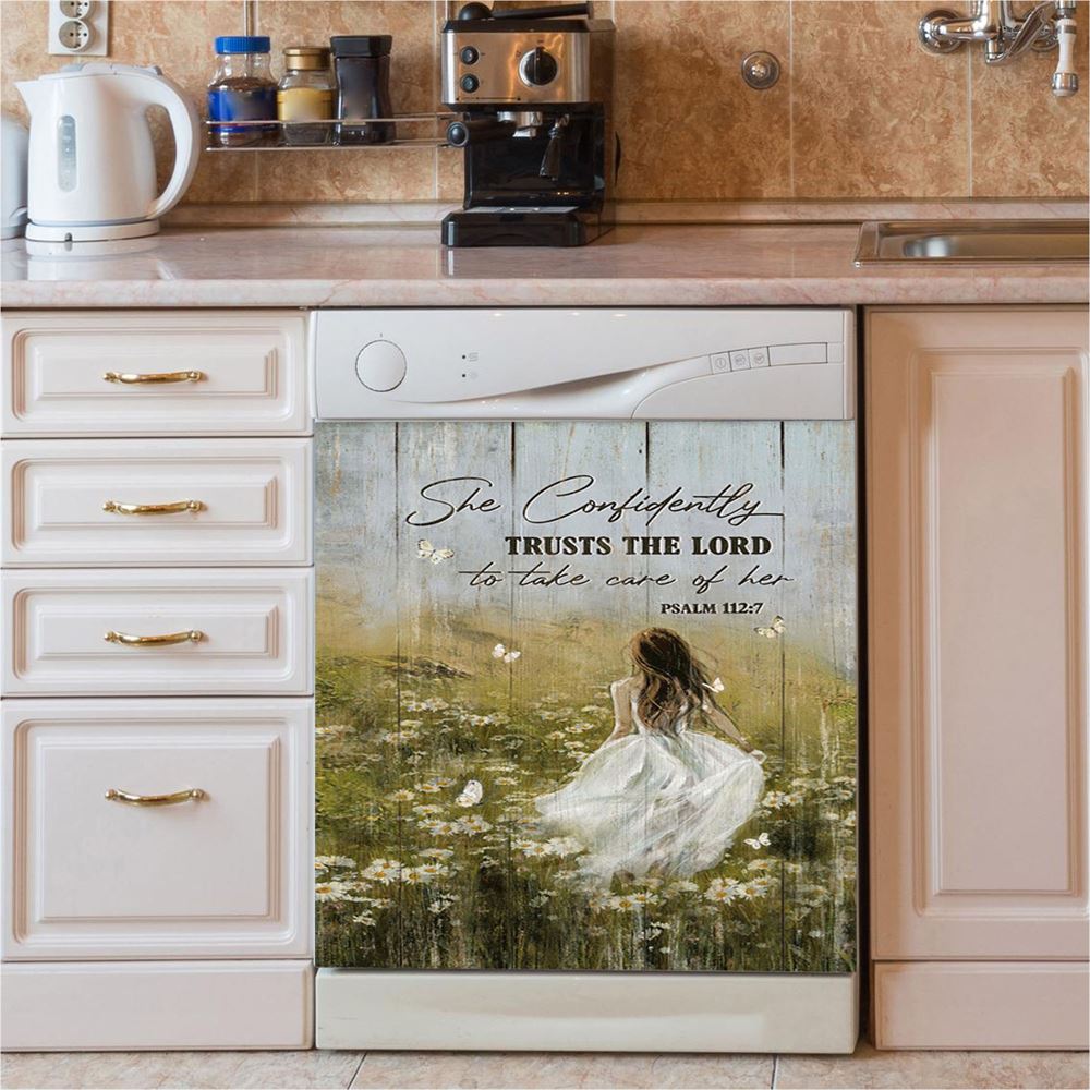 She Confidently Trusts The Lord To Take Care Of Her Green Flower Field White Butterfly Dishwasher Cover, Christian Dishwasher Wrap