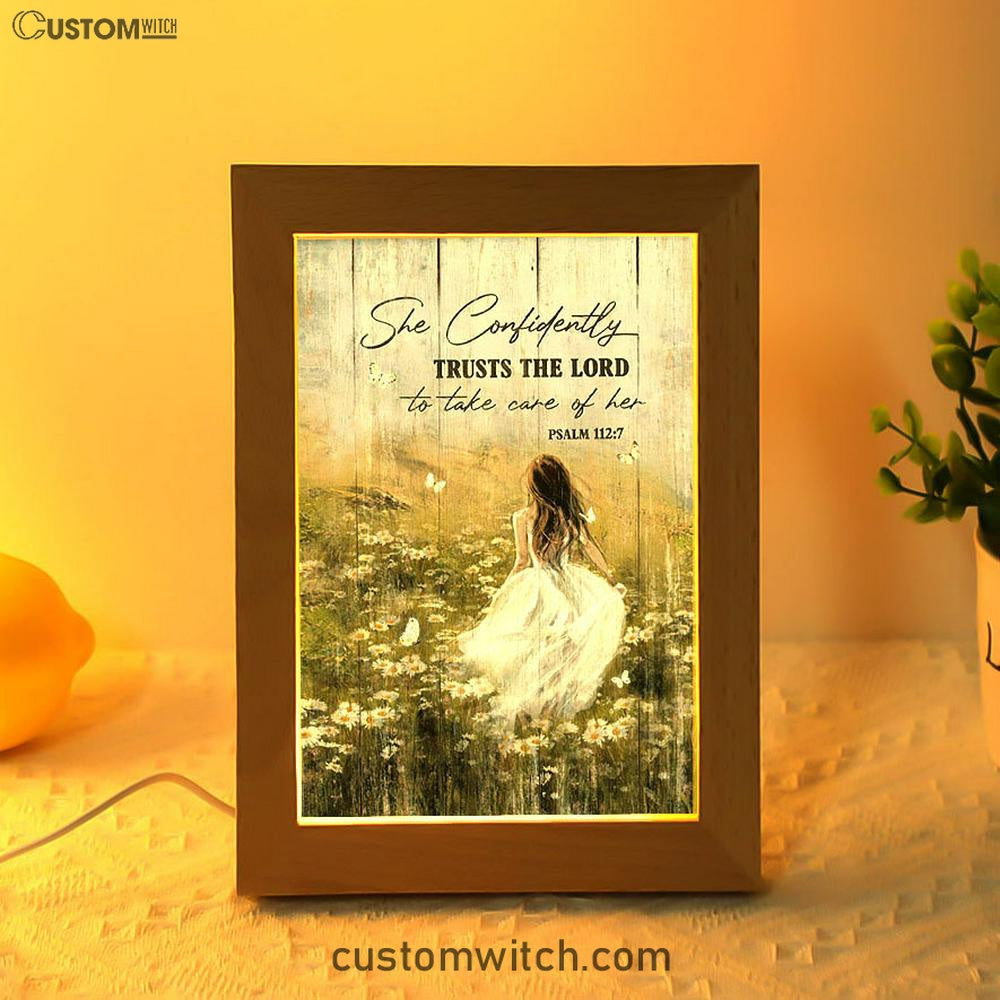 She Confidently Trusts The Lord To Take Care Of Her Green Flower Field White Butterfly Frame Lamp Art - Christian Night Light