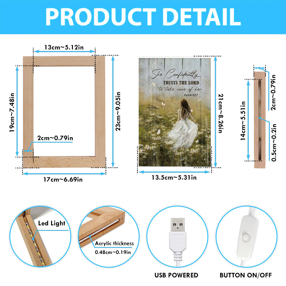 She Confidently Trusts The Lord To Take Care Of Her Green Flower Field White Butterfly Frame Lamp Art - Christian Night Light