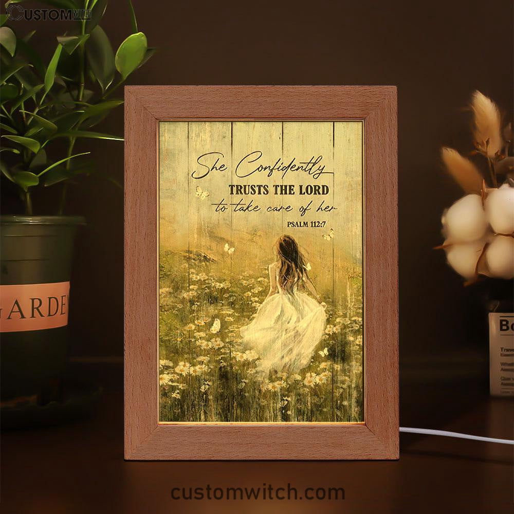 She Confidently Trusts The Lord To Take Care Of Her Green Flower Field White Butterfly Frame Lamp Art - Christian Night Light