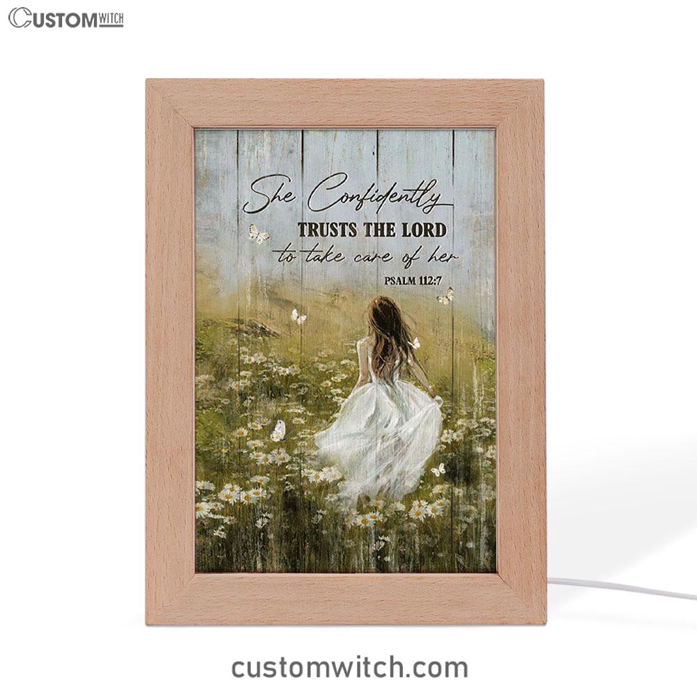 She Confidently Trusts The Lord To Take Care Of Her Green Flower Field White Butterfly Frame Lamp Art - Christian Night Light