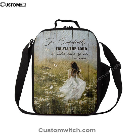 She Confidently Trusts The Lord To Take Care Of Her Green Flower Field White Butterfly Lunch Bag, Bible Verse Lunch Bag For Men And Women