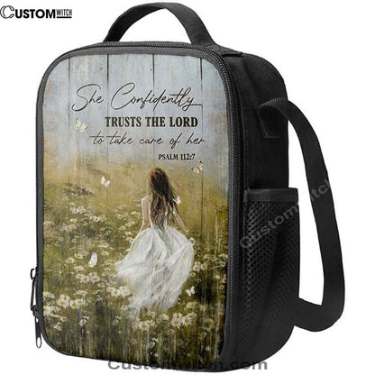 She Confidently Trusts The Lord To Take Care Of Her Green Flower Field White Butterfly Lunch Bag, Bible Verse Lunch Bag For Men And Women