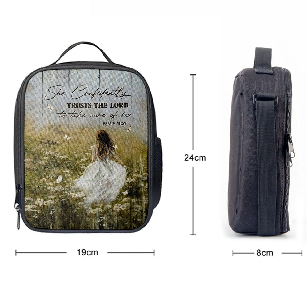 She Confidently Trusts The Lord To Take Care Of Her Green Flower Field White Butterfly Lunch Bag, Bible Verse Lunch Bag For Men And Women