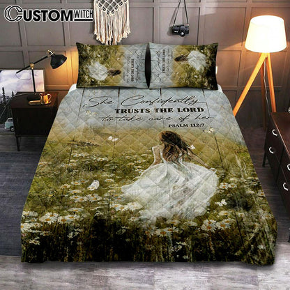 She Confidently Trusts The Lord To Take Care Of Her Green Flower Field White Butterfly Quilt Bedding Set Bedroom - Christian Quilt Bedding Set Prints