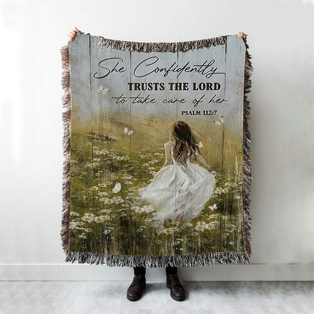 She Confidently Trusts The Lord To Take Care Of Her Green Flower Field White Butterfly Woven Throw Blanket - Christian Woven Blanket Prints