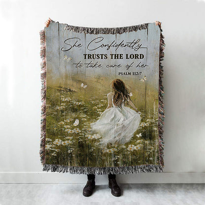 She Confidently Trusts The Lord To Take Care Of Her Green Flower Field White Butterfly Woven Throw Blanket - Christian Woven Blanket Prints