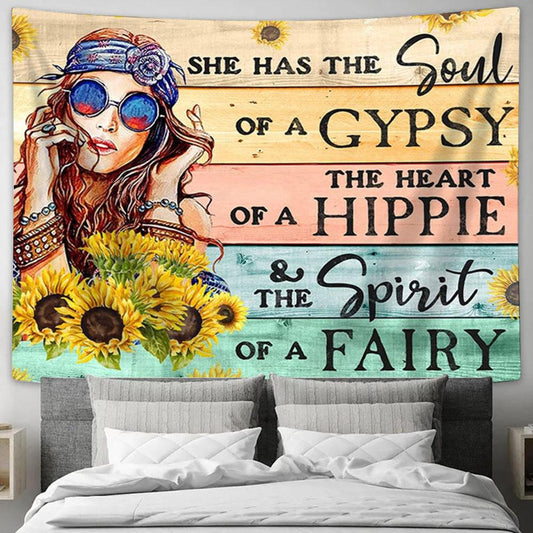 She Has The Soul Of A Gypsy Sunflower Girl Tapestry Wall Art - Encouragement Gifts for Women