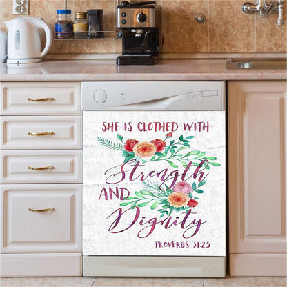 She Is Clothed With Strength And Dignity Dishwasher Cover, Proverbs 31 25 Scripture Dishwasher Wrap, Religious Decor