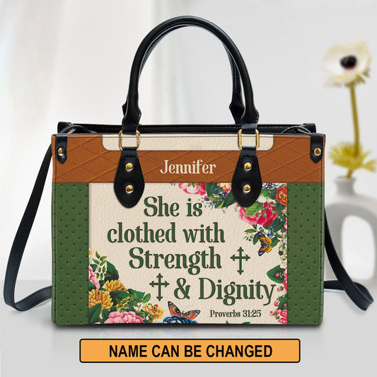 She Is Clothed With Strength And Dignity Leather Bag, Custom Name Flower Leather Handbag, Christian Gifts For Women