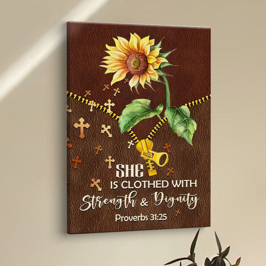 She Is Clothed With Strength And Dignity Sunflower Canvas Prints - Bible Verse Wall Decor - Scripture Wall Art