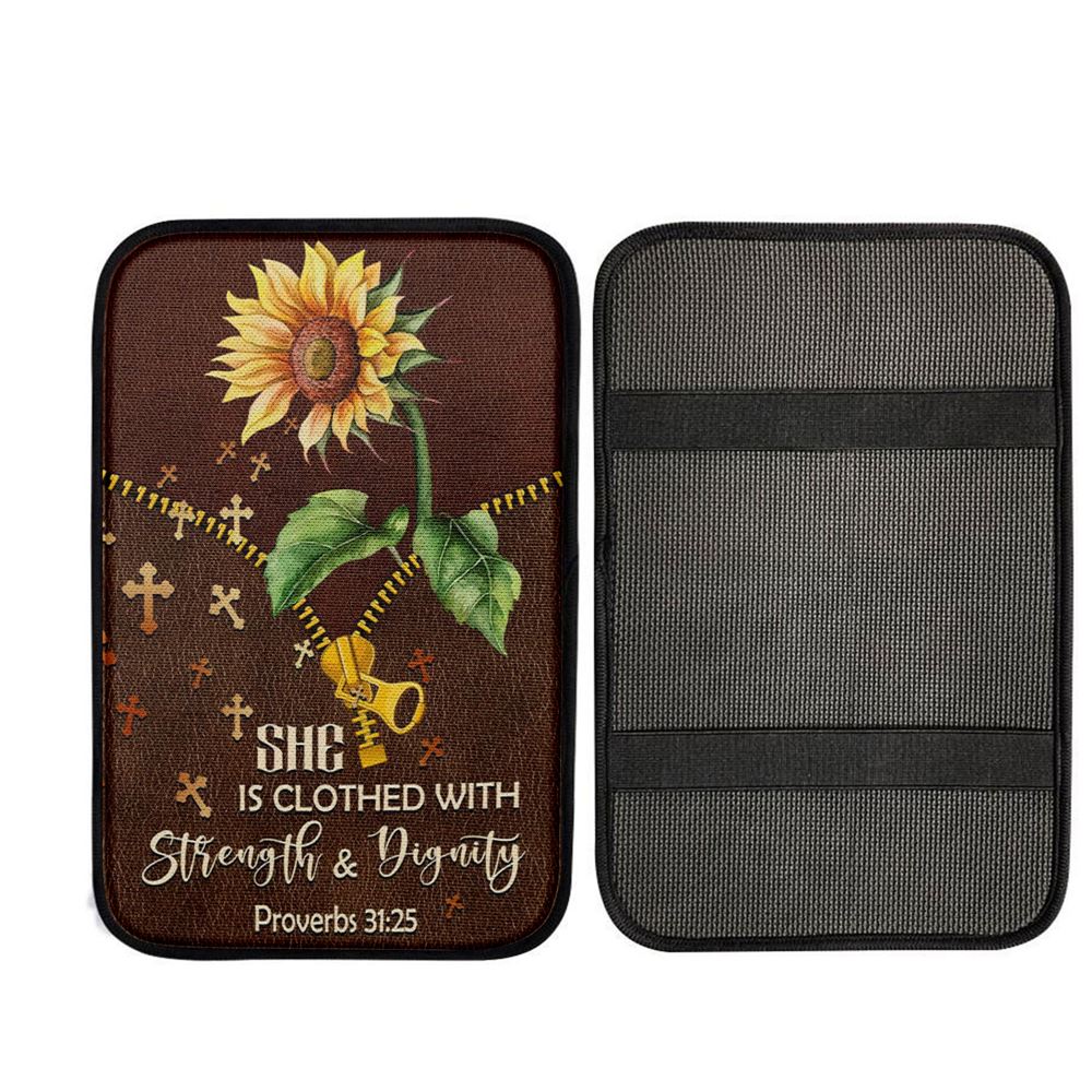 She Is Clothed With Strength And Dignity Sunflower Car Center Console Cover, Christian Gift Car Armrest Pad