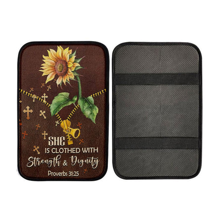 She Is Clothed With Strength And Dignity Sunflower Car Center Console Cover, Christian Gift Car Armrest Pad