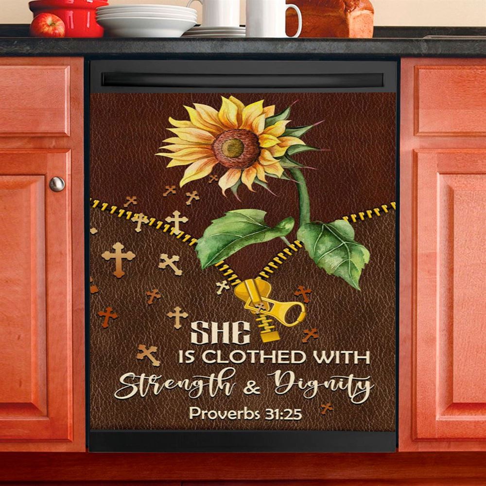 She Is Clothed With Strength And Dignity Sunflower Dishwasher Cover, Bible Verse Dishwasher Wrap, Scripture Kitchen Decoration