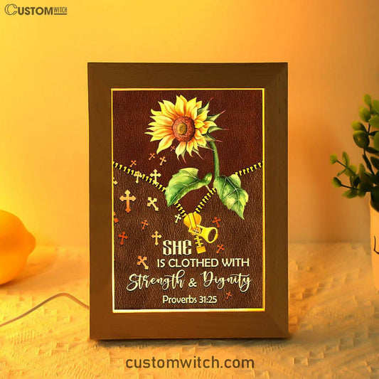 She Is Clothed With Strength And Dignity Sunflower Frame Lamp Prints - Bible Verse Decor - Scripture Art