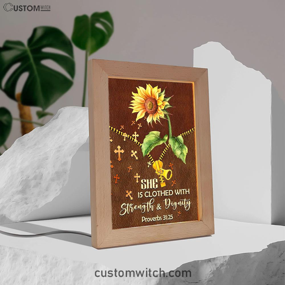 She Is Clothed With Strength And Dignity Sunflower Frame Lamp Prints - Bible Verse Decor - Scripture Art