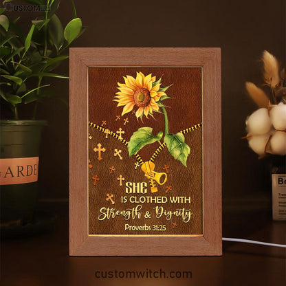 She Is Clothed With Strength And Dignity Sunflower Frame Lamp Prints - Bible Verse Decor - Scripture Art