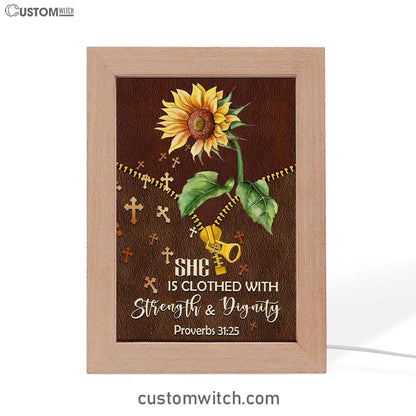 She Is Clothed With Strength And Dignity Sunflower Frame Lamp Prints - Bible Verse Decor - Scripture Art
