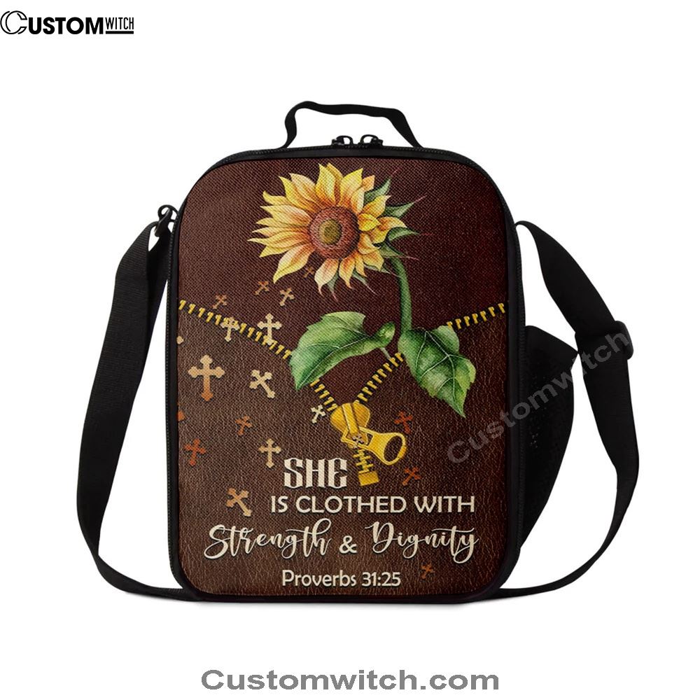 She Is Clothed With Strength And Dignity Sunflower Lunch Bags, Bible Verse Lunch Bag For Men And Women