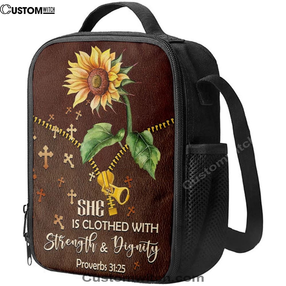 She Is Clothed With Strength And Dignity Sunflower Lunch Bags, Bible Verse Lunch Bag For Men And Women