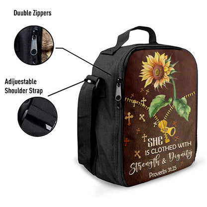 She Is Clothed With Strength And Dignity Sunflower Lunch Bags, Bible Verse Lunch Bag For Men And Women