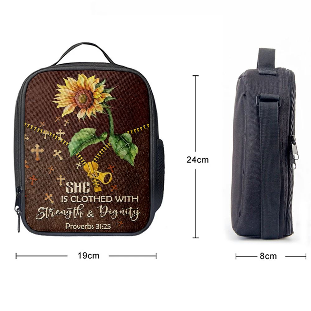 She Is Clothed With Strength And Dignity Sunflower Lunch Bags, Bible Verse Lunch Bag For Men And Women