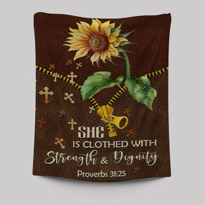 She Is Clothed With Strength And Dignity Sunflower Tapestry Prints - Bible Verse Wall Decor - Scripture Wall Art