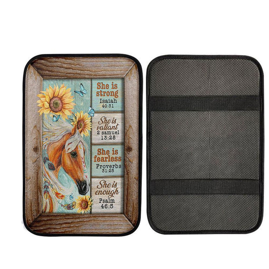 She Is Strong Horse Sunflower Butterfly Car Center Console Cover, Christian Gift Car Armrest Pad