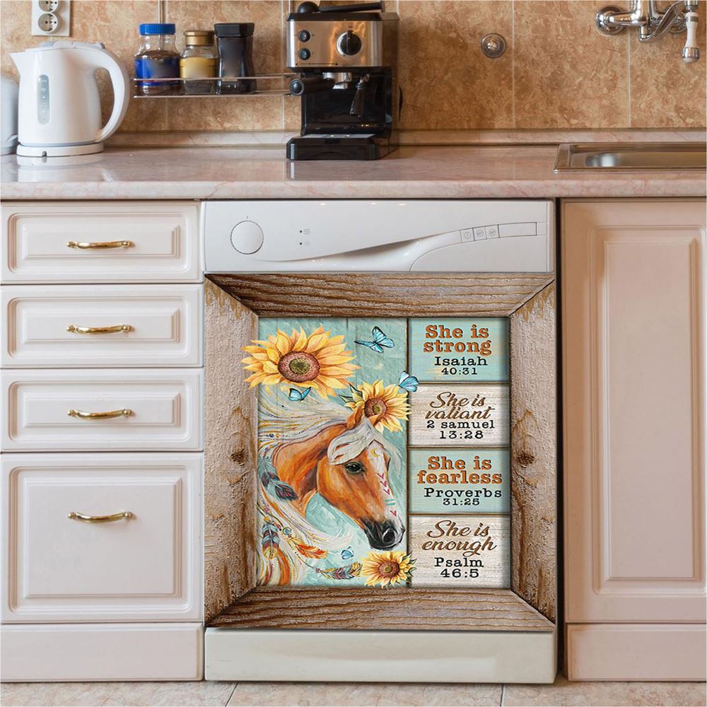 She Is Strong Horse Sunflower Butterfly Dishwasher Cover, Inspirational Dishwasher Wrap, Christian Kitchen Decoration
