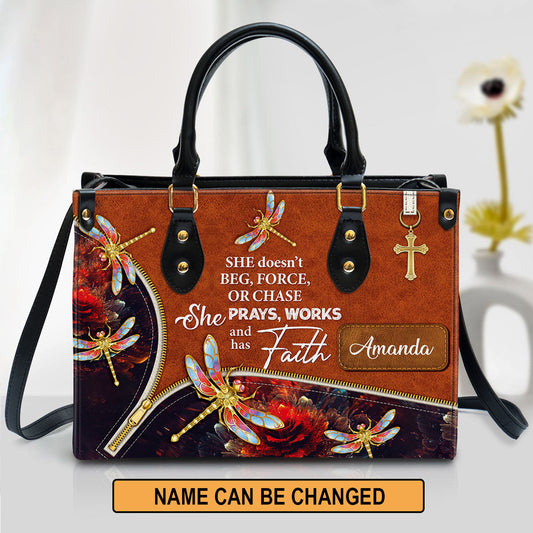 She Prays Works And Has Faith Personalized Dragonfly Leather Bag, Women Pu Leather Bag, Christian Gifts For Women